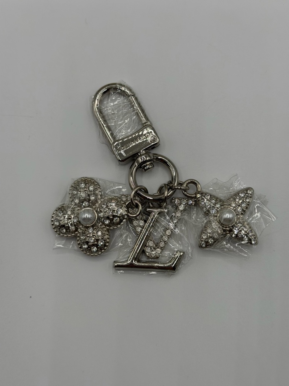 Silver Crystal Monogram Key Charm with Pearl Centers